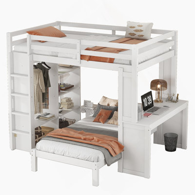 Full XL/Full Over Twin Bunk Bed With Detachable Lower Bed And Desk, Solid Wood Frame With Built - In Shelves And Wardrobe, Convertible To Loft Bed For Versatile Use