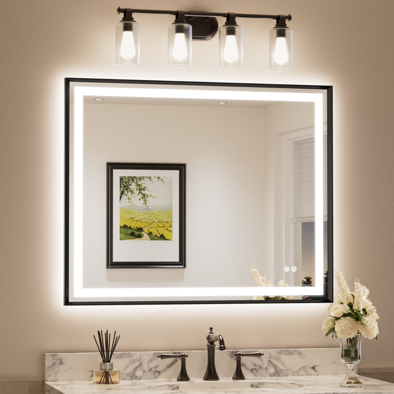 LED lighted Mirror with Tempered Glass, Metal Frame, Frontlit & Backlit, 40" x 32"