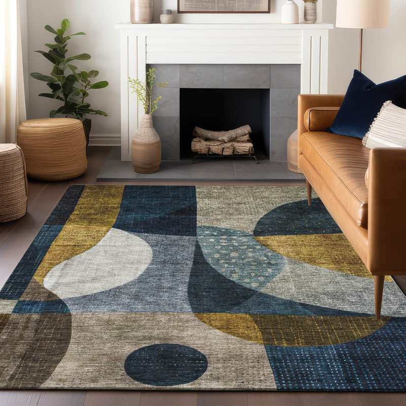 Blue Flat Woven Synthetic Easy Care Washable Rug 2'6" x 3'10"