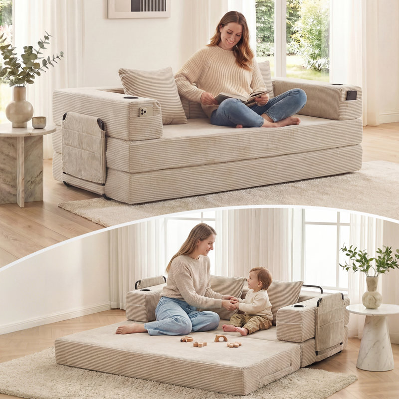 Convertible Sofa Bed - Foldable Upholstered Couch with Cupholders & Storage Pockets- Modular Sectional for Living Room, Bedroom, Studio - Compression Sofa in Box