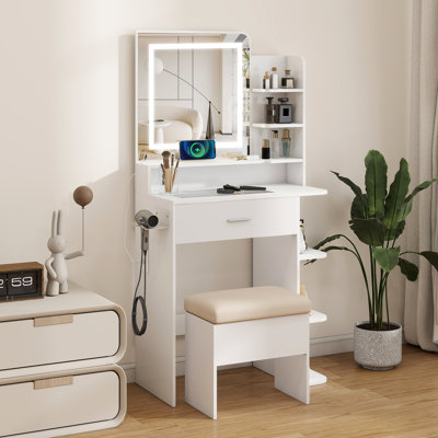 LED Mirror Dressing Table Set with Charging, Vanity Desk with Drawer&Storage Stool, Side Shelves & Hair Dryer Holder