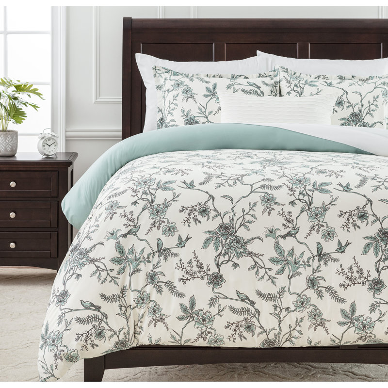 Microfiber Reversible 3 Piece Duvet Cover Set, Queen Duvet Cover + 2 Shams, Toile Sage