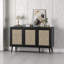 Buffet moderne noir avec 3 portes en rotin naturel - Grande console de rangement pour le vestibule, le salon et la cuisine-691395791-691395788