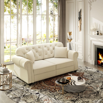 63"Upholstered Velvet Sofa with Nailhead Trim and Rolled Armrests,Mid-Century Modern Chesterfield Sofa with Button Tufted,Includes 2 Pillows