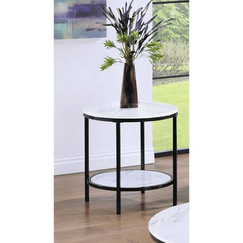 Table de bout en faux marbre avec plateau de rangement noir et rond inférieur