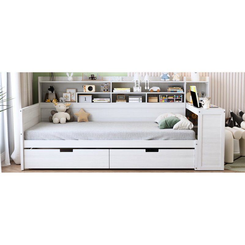 Lit en bois blanc antique avec rangement multifonctionnel et option de bureau, Blanc antique