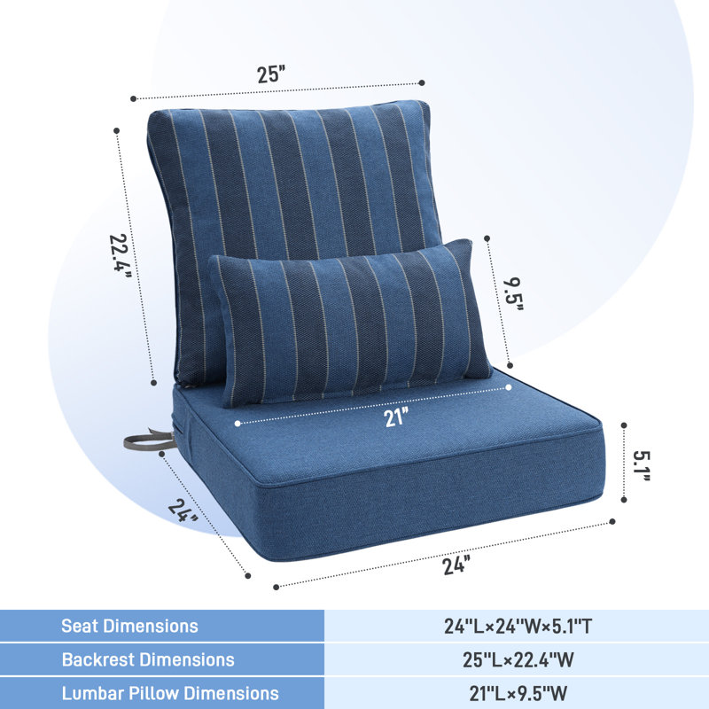  Coussin de siège / dossier d'extérieur, L 24 po x P 24 po, Rayures bleues