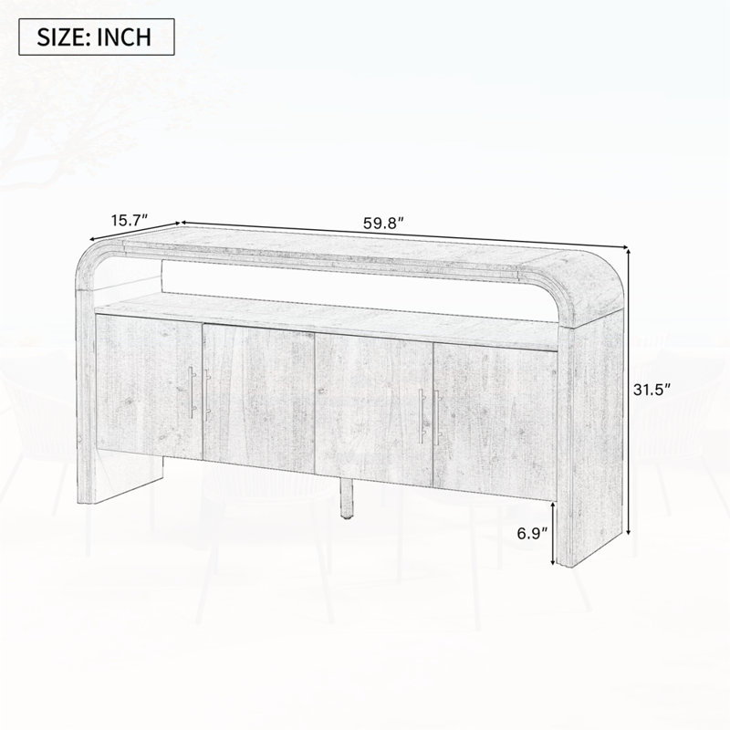 4-door Elegant Console Table With Natural Embossed Texture, Curved Edge And Metal Handles, Natural Wood