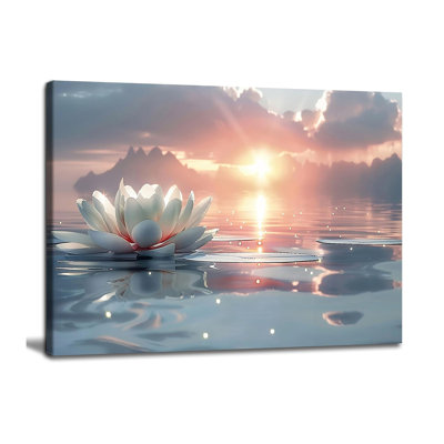 Zen White Lotus Wall Art Sunrise Meditation Canvas Wall Decor Spa Yoga Still Life Painting Prints Relaxing Spiritual Just Breathe Aesthetic Posters Pictures Modern Spiritual Inspiration Framed