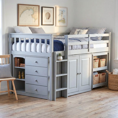 Lit mezzanine simple avec bureau, tiroirs, armoire et tablettes, bois d'hévéa massif, lit mezzanine pour enfants avec rangement