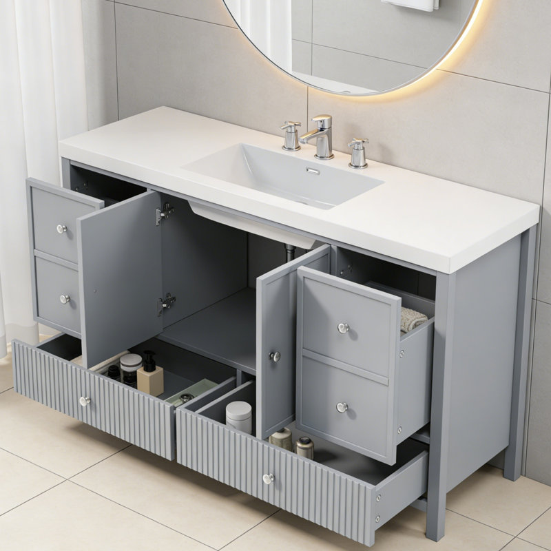 Meuble-lavabo 60 po avec lavabo séparé, grand meuble-lavabo moderne avec portes à fermeture douce et 4 tiroirs, gris-bleu