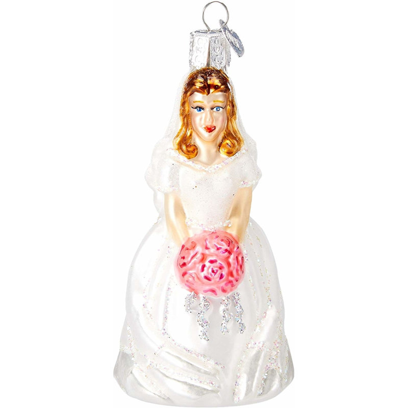 Hand-Painted Glass Brunette Bride Ornament with Bouquet