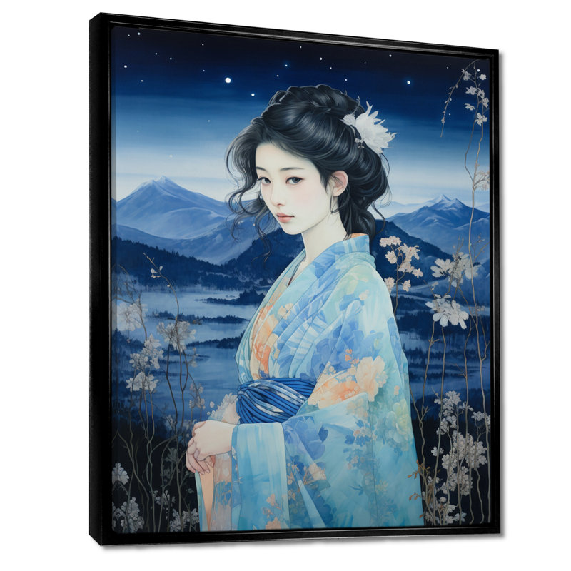 Kimono japonais japonais, beauté nocturne - décoration murale asiatique, Cadre flottant noir, H 20 po x l 12 po
