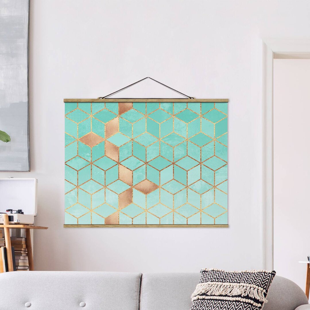 Stoffbild Turquoise White Golden Geometry von Elisabeth Fredriksson