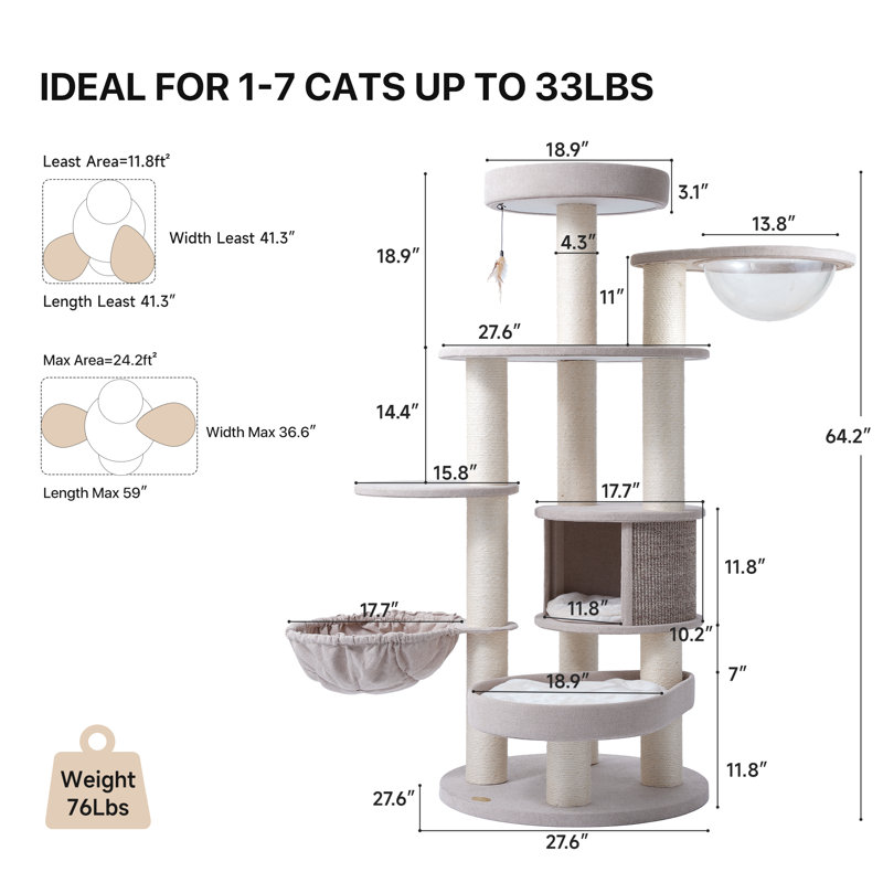 Arbre à chat à niveaux multiples 64,2 po H pour très grands chats d'intérieur et MaineCoon, Beige