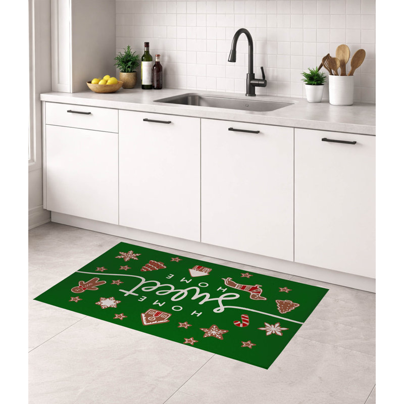 Tapis de cuisine Gingerbread Home Sweet Home, Rectangulaire 2 pi x 3 pi, Vert / Rouge / Blanc