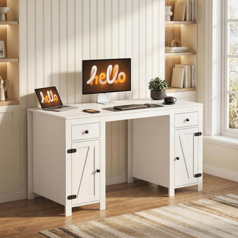 Bureau d'ordinateur 53 po avec 2 tiroirs et 2 armoires, blanc, White