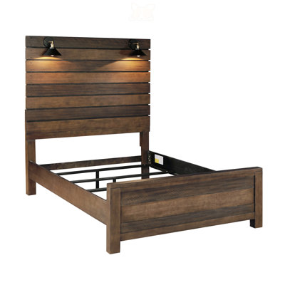 Emilios Aco Queen Size Bed, 2 Lampshades, Slatted Headboard, LED Lights, Brown