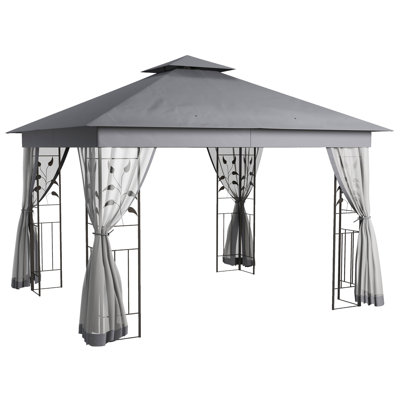Outsunny 10'x11.5' Metal Patio Gazebo with Double Roof, Tree Motifs & Netting - Gray for Garden/Lawn/Backyard