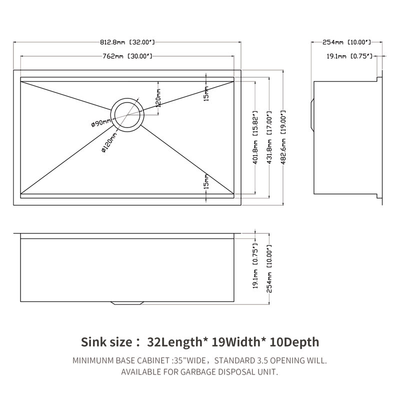 Évier de cuisine à simple cuve encastrable 32 po x 19 po x 10 po en acier inoxydable calibre 16