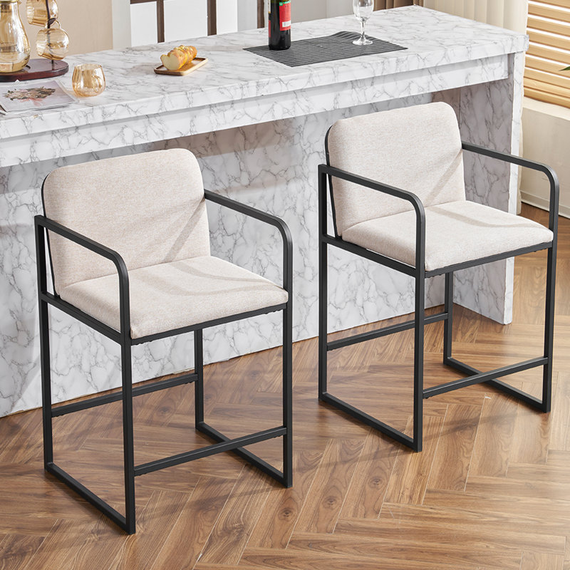 Modern Upholstered Counter Height Bar Stools with Armrests, Metal Frame, and Padded Seat,, Beige Fabric