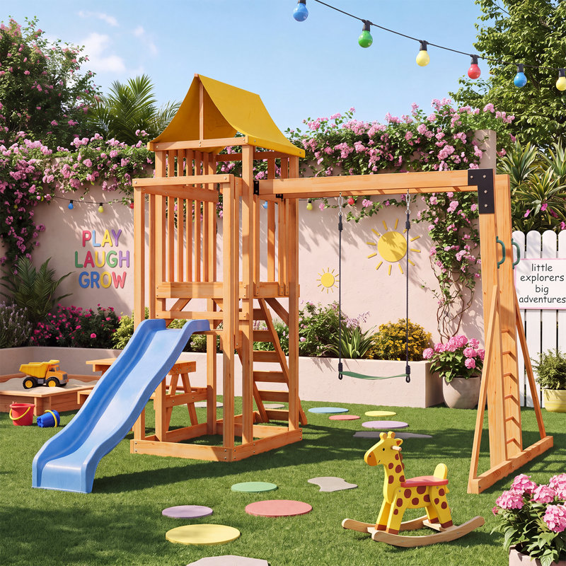 Wooden Swing Set with Wave Slide, Canopy Roof, Monkey Bars, Rock Climbing Wall & Picnic Table, Outdoor Backyard Playground for Kids