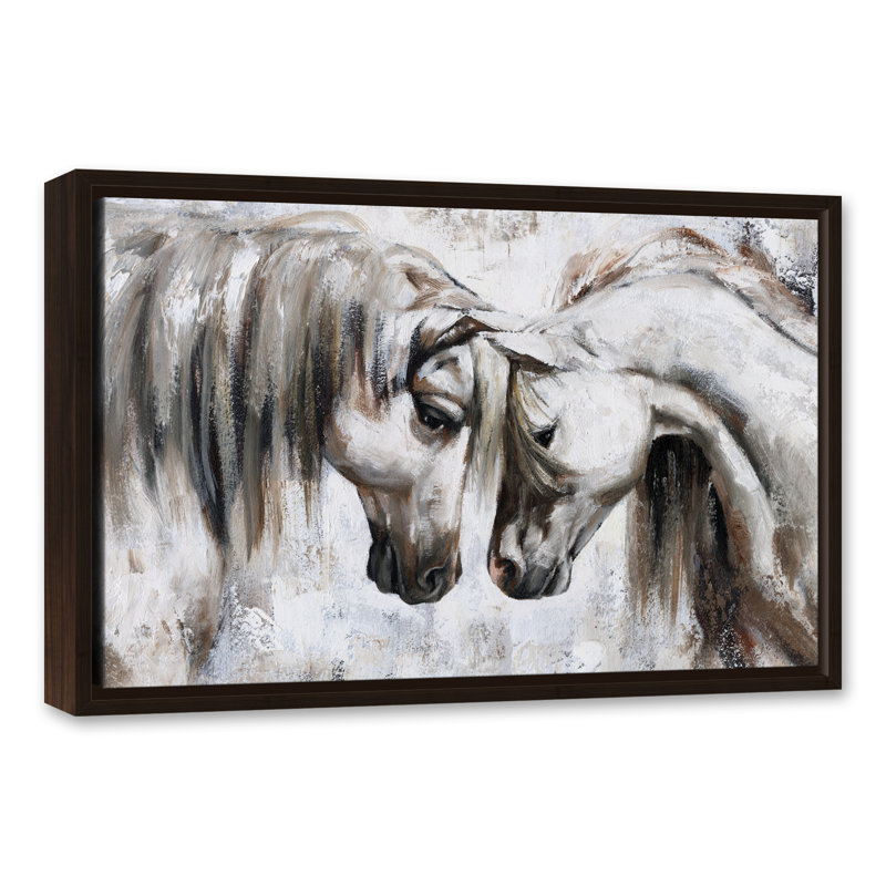 Nuzzling Horses - Peinture sur toile, H 17,75 po x l 25,75 po x P 1,75 po, Toile brune avec cadre flottant