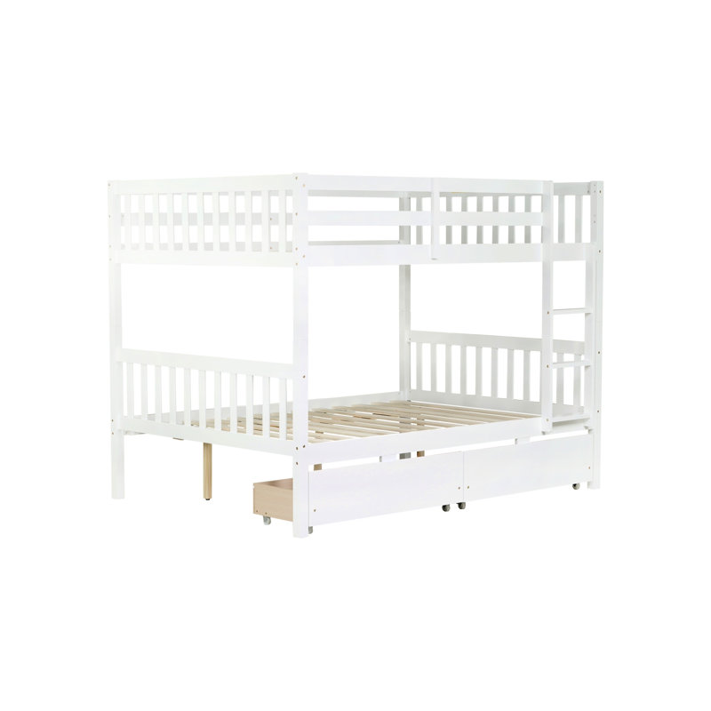 Lit superposé double en bois d'hévéa avec 2 tiroirs - Blanc, conception détachable, équipement blanc fabriqué en bois, mesures
