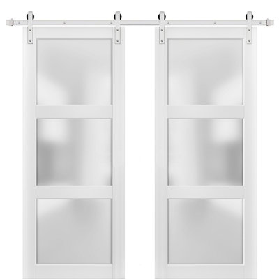 Portes de grange coulissantes doubles avec quincaillerie | Lucia 2552 soie blanche avec verre opaque | Ensemble de rail robuste 13 pi | Porte de salle de bain à panneau en bois massif Kitchen Lite - Verre givré - Rail argenté