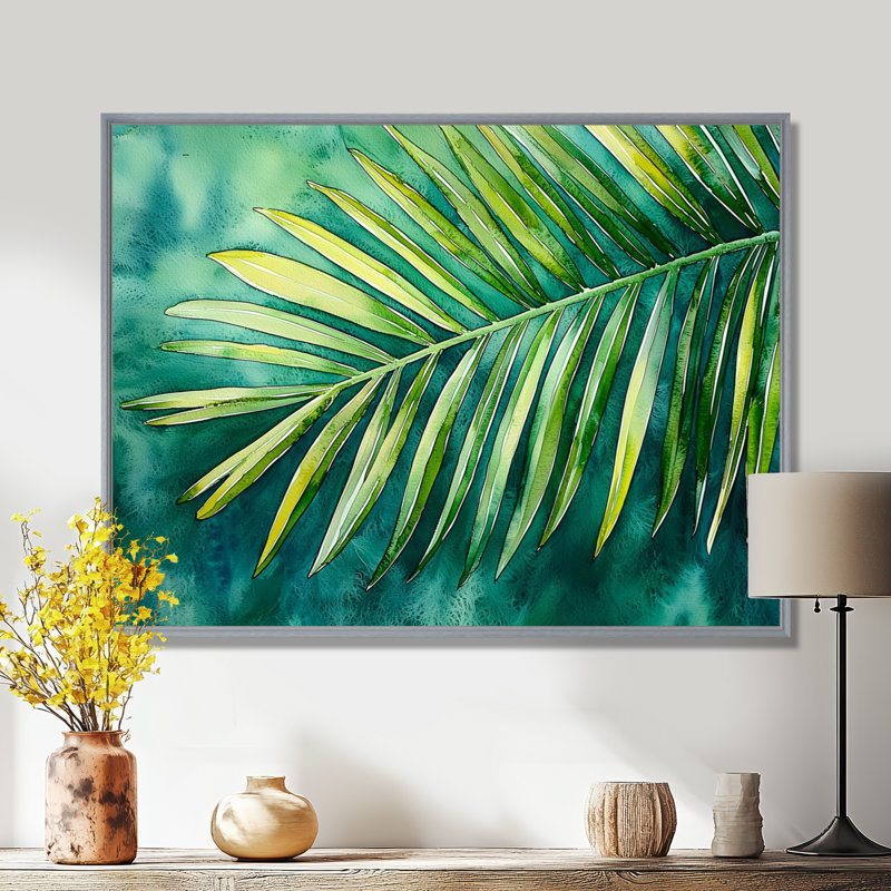 «Green Tropical Safari Palms II», art mural palmier, H 34 po x l 44 po, Picture Framed, Argent argent