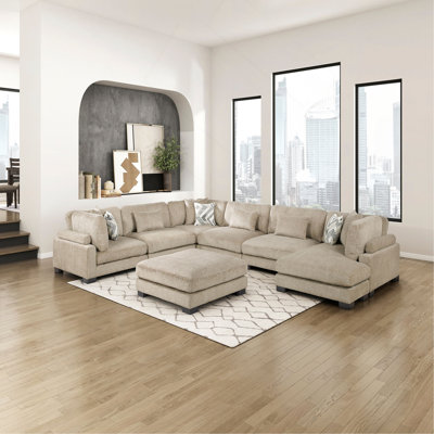 Contemporary 7-Piece Modular Sectional Large Plush Comfortable Pillows Upholstered Solid Wood Living Room Furniture
