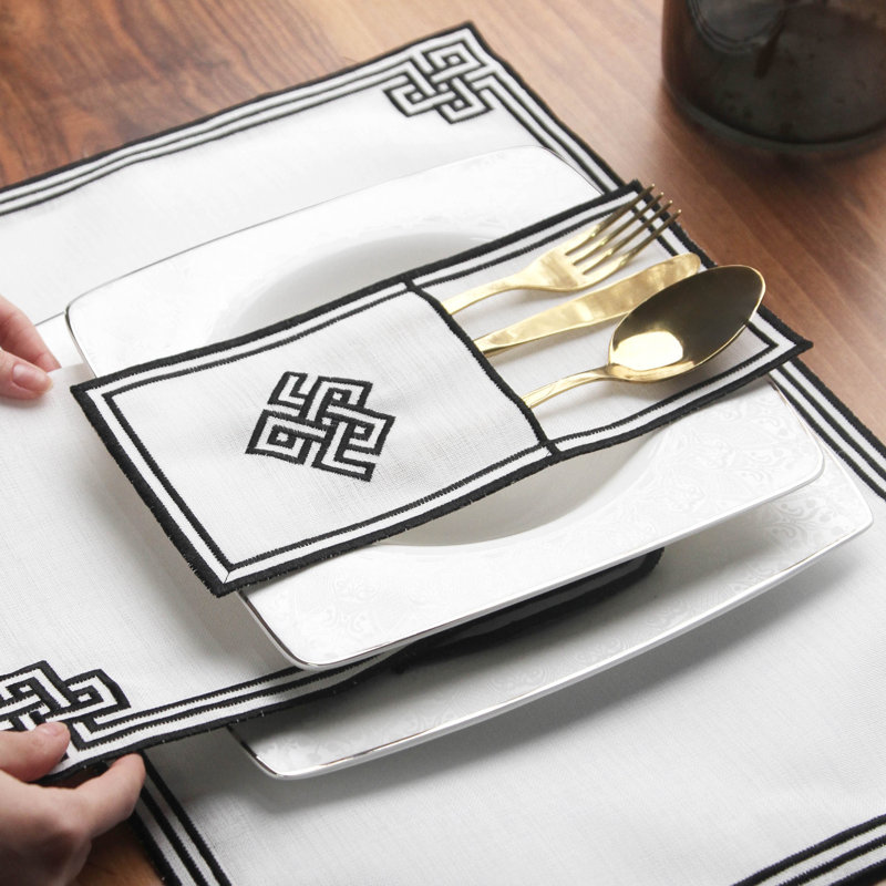 Embroidered White Linen Placemats with Gold Scrollwork – 24pc Elegant Table Mats Set for 6 Person | Islamic Decorative Dining Linens