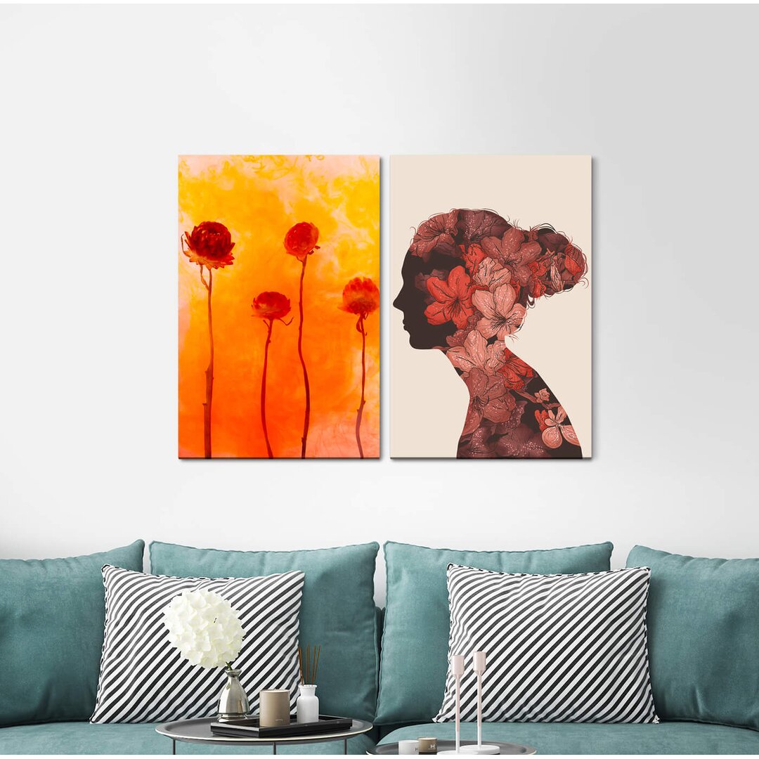 2-tlg. Leinwandbilder-Set - Grafikdruck „Flowers OrangeYoung Woman Chic”