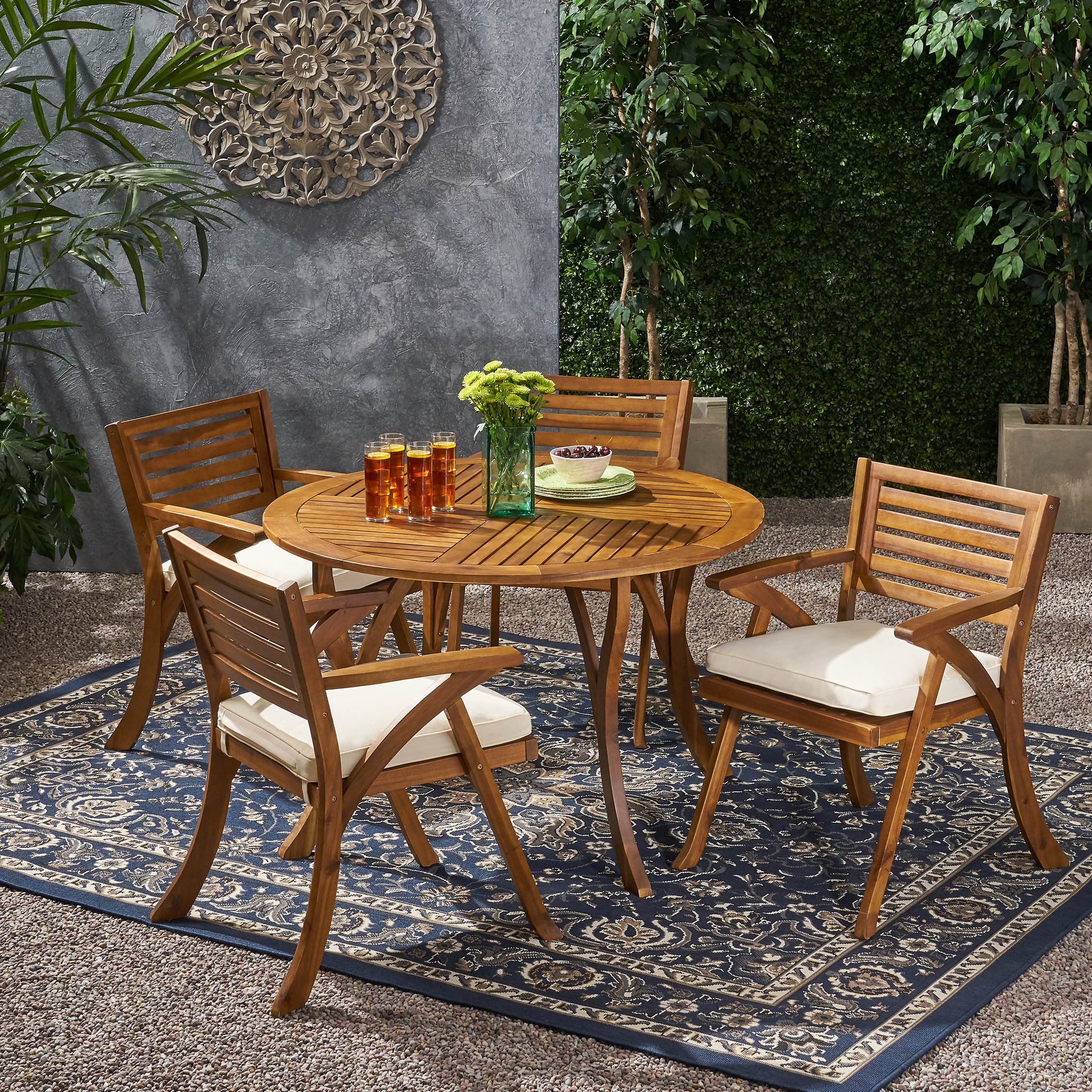 Acacia Wood Piece Outdoor Dining Set Round Table Acacia Wood