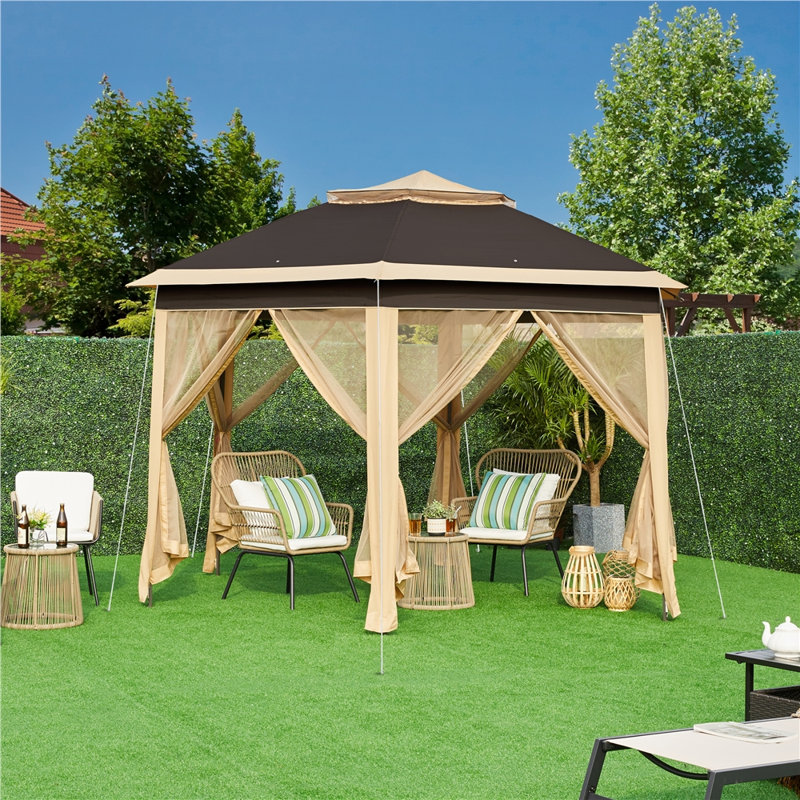 13 Ft. W x 11 Ft. D Weather-resistent Iron Patio Gazebo with sidewalls, Brown, Black