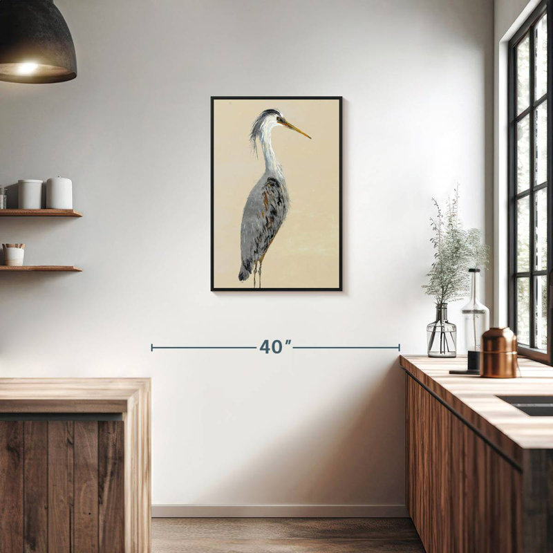 Héron sur brun clair I, Cadre flottant noir, 21 po x 31 po