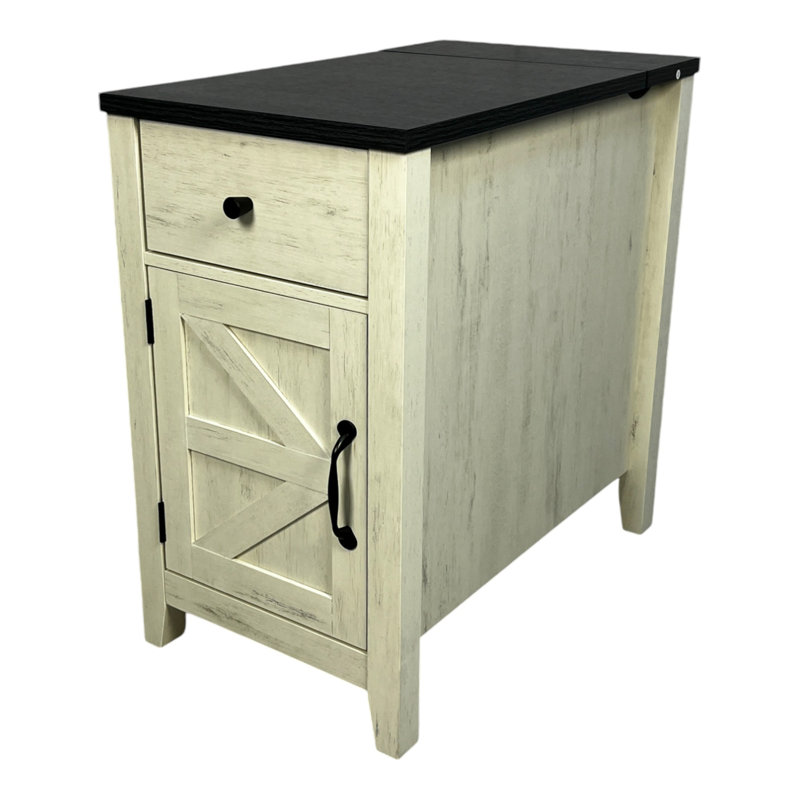Farmhouse End Table Bedside Table With Charging Station,Night Stand With Barn Door And Drawer, Storage For Bedroom Living Room ,Bedside Table