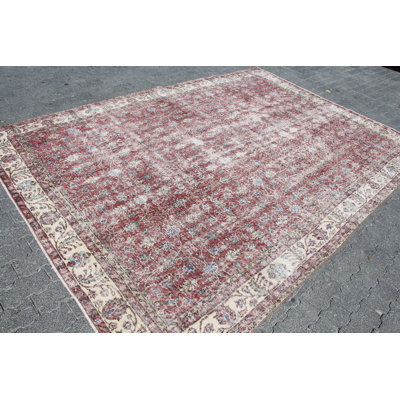 Tapis Oushak rétro en laine - Grand tapis décoratif antique rouge pour la décoration intérieure