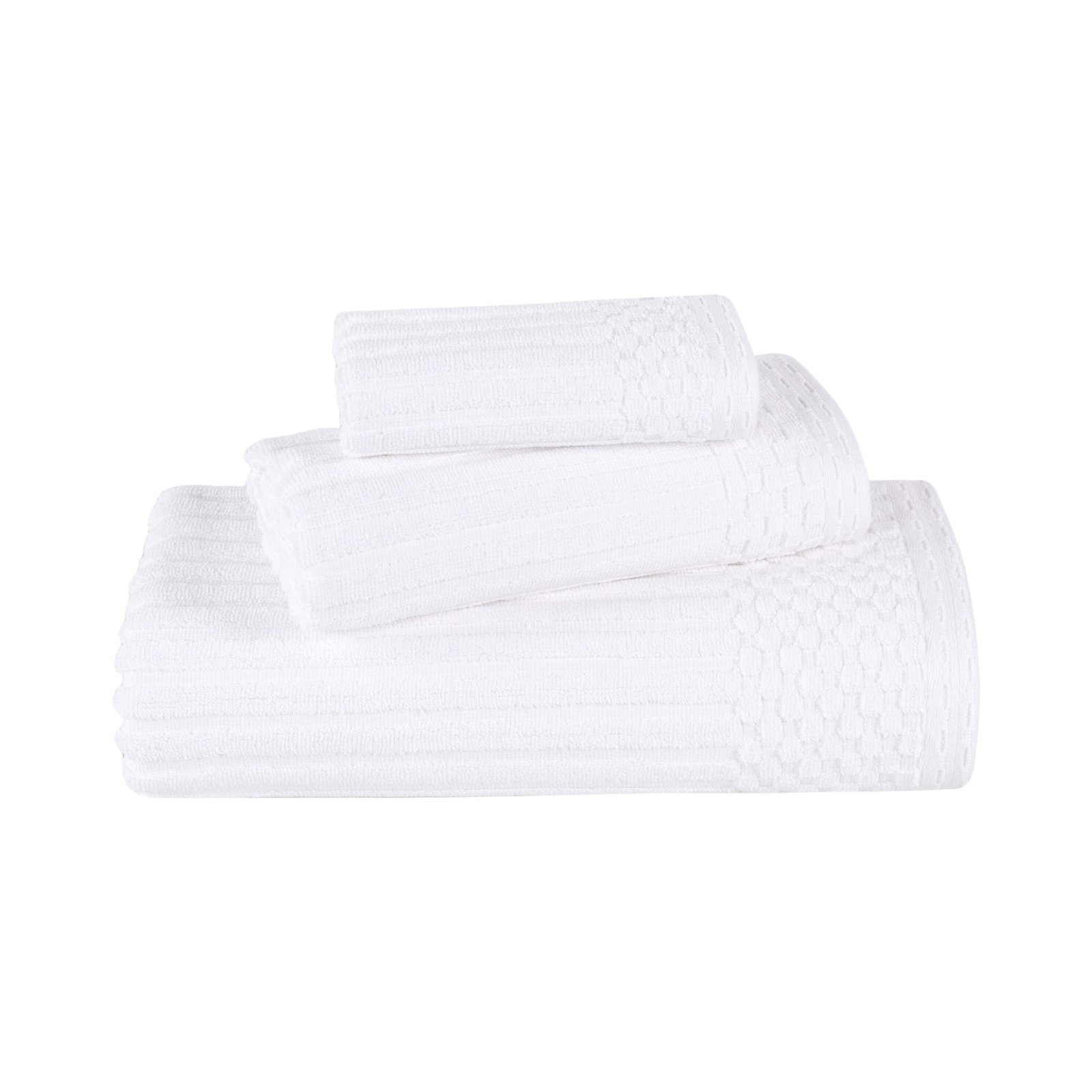 8-Piece Checkered Border Cotton Towel Set, White, 3 Piece Towel set (1-bath, 1-hand, 1-face)