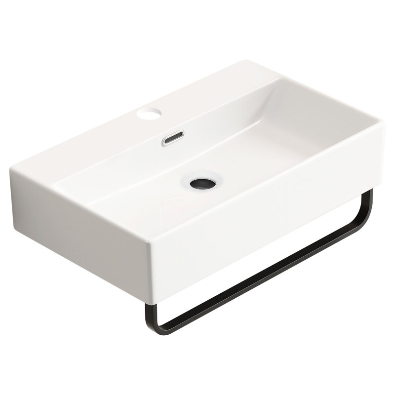 Lavabo vasque mural blanc pour salle de bain, forme rectangulaire, surface lisse, glacis non poreux, ouverture de drain standard, taille