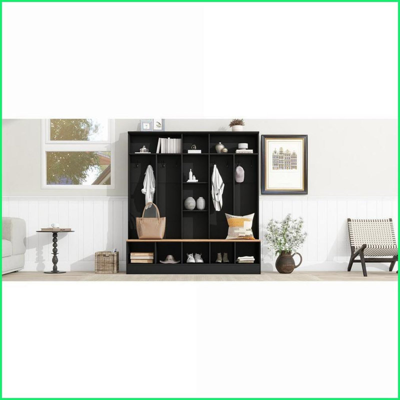 Arbre d'entrée avec banc de rangement, 8 crochets et amp; Tablettes cubiques | Noir minimaliste | Panneau de particules, Noir
