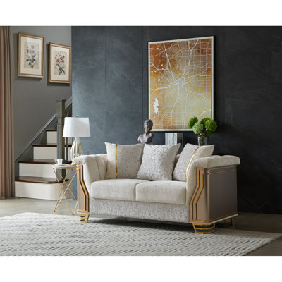 Chateau Two-Tone Wood Upholstery 2Pc Set with Modern Design, Stainless Steel Gold Accents, and Cream Finish