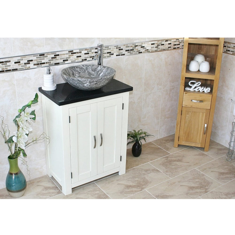Roberge 650 mm Freestanding Single Vanity with Vessel Stone Basin, White, Black Quartz, Grey