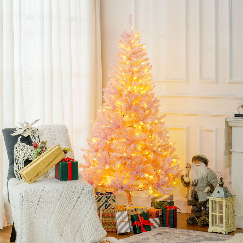 Arbre de Noël artificiel haut 6 pi avec branches réalistes, 250 lumières DEL blanc chaud et 1000 pointes, rose, H 6 pi, Rose