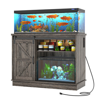 Support d'aquarium de ferme avec porte de grange coulissante, armoire à poissons avec tablettes réglables et prises de courant intégrées