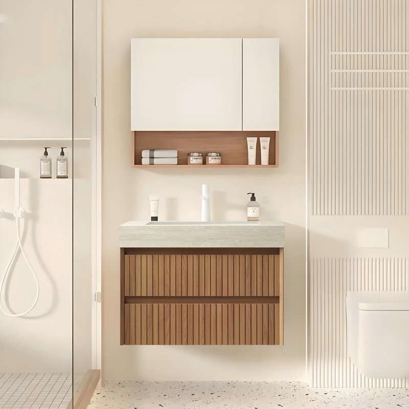 Meuble-lavabo moderne de 30 po avec lavabo, armoire de rangement en contreplaqué rayé suspendu, armoire de salle de bain à poser marbrée préinstallée