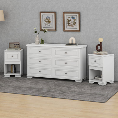 Ensemble de chambre à coucher 3 pièces à conception élégante et rétro, commode à 6 tiroirs et deux tables de chevet avec poignées en métal