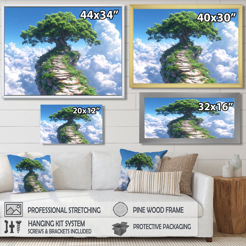 Chemin vers un arbre dans les nuages - art mural chêne, H 12 po x l 20 po x P 1 po, Toile tendue