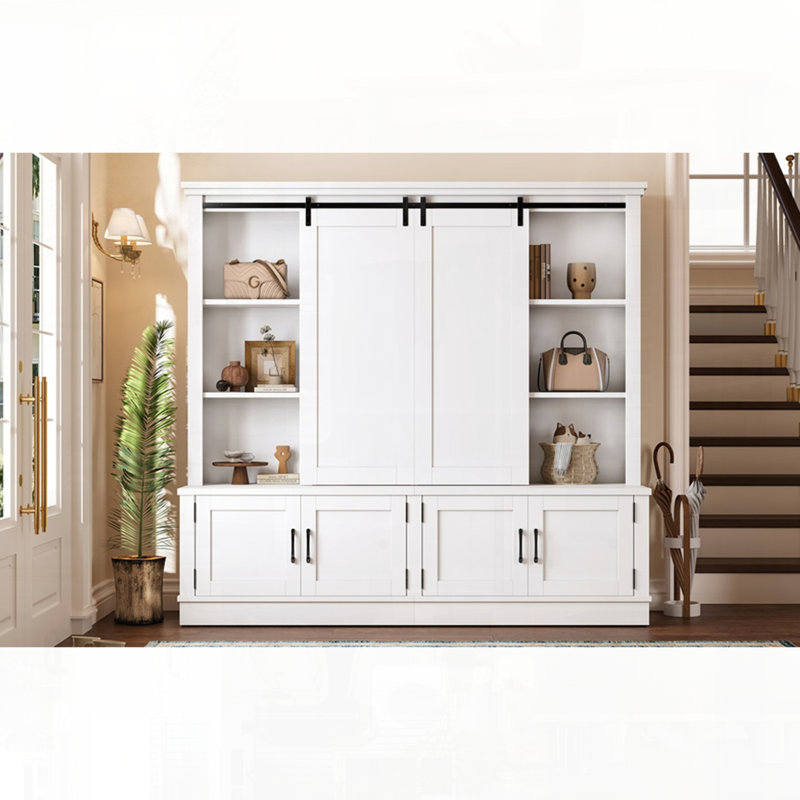 Multifunctional Entryway Cabinet Sliding Rails Tree Shaped Design Barn Door Vintage Aesthetic, White