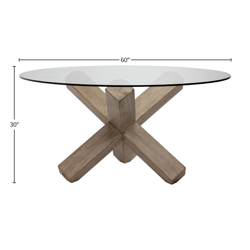 Clear Glass Top Light Brown Pine Base Round Dining Table